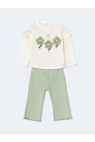 LC Waikiki LCW baby Bisiklet Yaka Çiçekli Kız Bebek Bluz ve Tayt 2'li