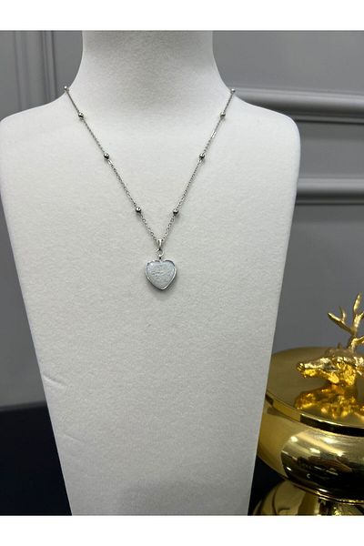 Store White Pearlescent Heart Necklace with Silver Beaded Ball Chain