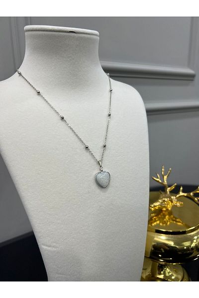 Store White Pearlescent Heart Necklace with Silver Beaded Ball Chain