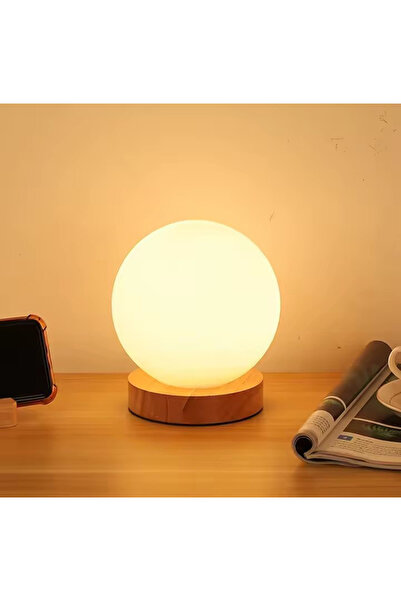 SimaAvize Küre Cam Gece Lambası Ahşap Taban Abajur