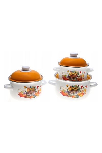 Ebru Metal Enameled Hot Pot Floral Patterned Midi 3-Piece Cookware Set 16/18/20 cm
