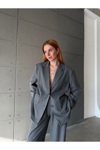 Zey Studio Women's Gray Double Button Detailed Oversize Blazer Jacket