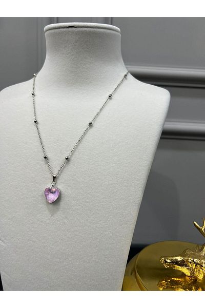 Store Pink Heart Steel Necklace with Ball Chain