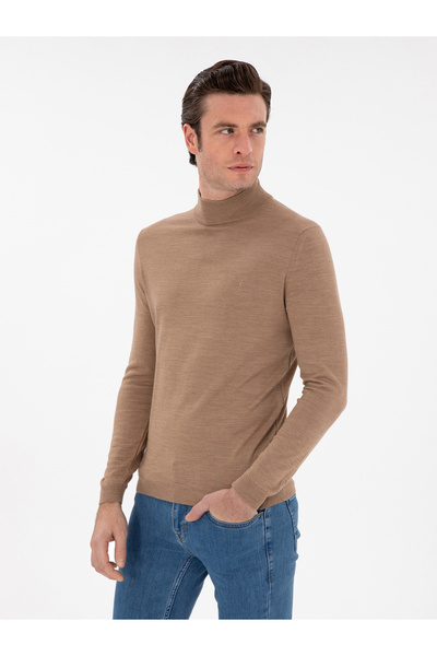 Cacharel Camel Slim Fit Yün Karışımlı Yarım Balıkçı Yaka Basic Triko Kazak 50293281-VR015