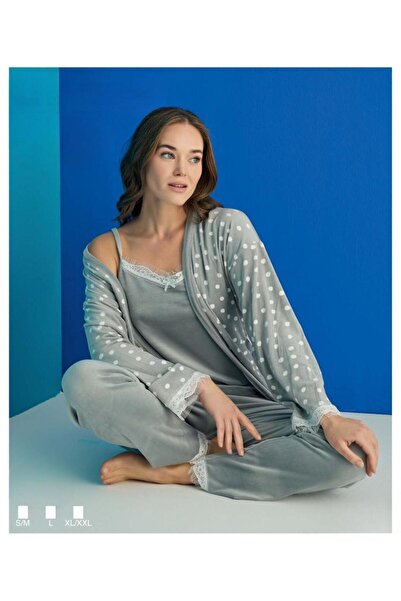 İpek Women's Velvet Triple Dressing Gown Pajama Set