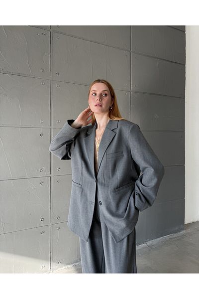 Zey Studio Women's Gray Double Button Detailed Oversize Blazer Jacket