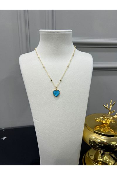 Store Steel Gold Necklace with Blue Heart Pendant Ball Chain