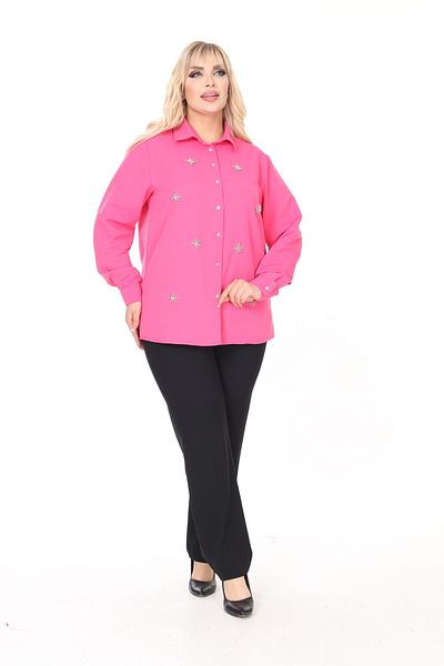 JESSE STORY Cămașă de mărime mare pentru femei, din in, fucsia, cu design de piatră