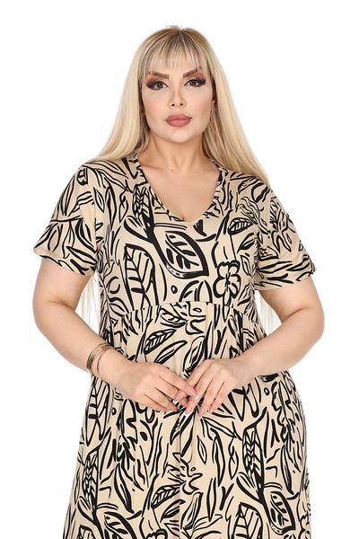 MELSAY Women's Plus Size V-Neck Short Sleeve Beige Leaf Pattern Robe Dress