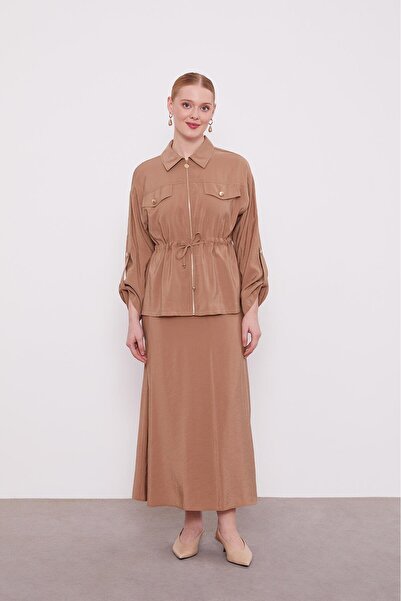 Levidor Camel Waist Gather Detail Skirt Suit