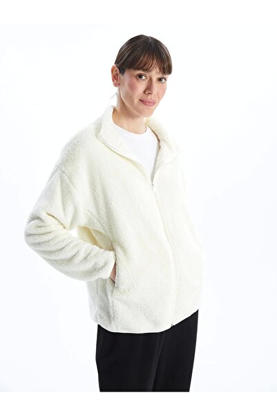 LC Waikiki Lcwaikiki Basic Ecru Stand Collar Plush Women's Zip-Up Sweatshirt