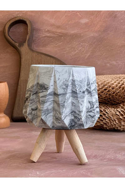 SERENGETİ HOME El Yapımı Ahşap Ayaklı Antrasit Desenli Beyaz Beton Saksı - Mi...