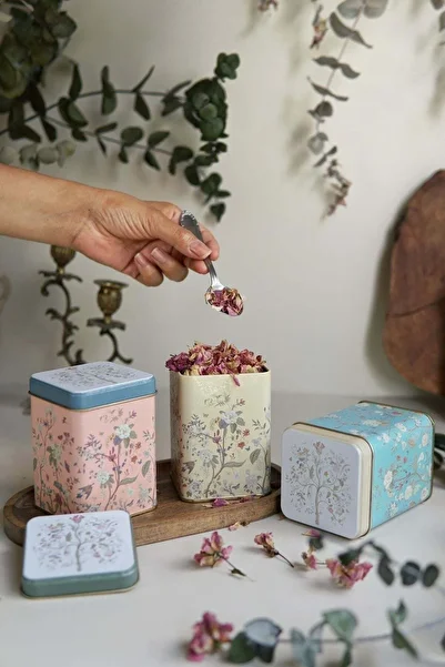 Hesaplı Kasa Flora Patterned Metal Storage Container Set 3Pcs 7,5X7,5X10 cm 0,5 Ltr