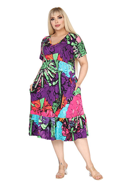 MELSAY Γυναικείο φόρεμα με κοντό μανίκι με λαιμόκοψη σε μεγάλο μέγεθος σε μικτό χρώμα