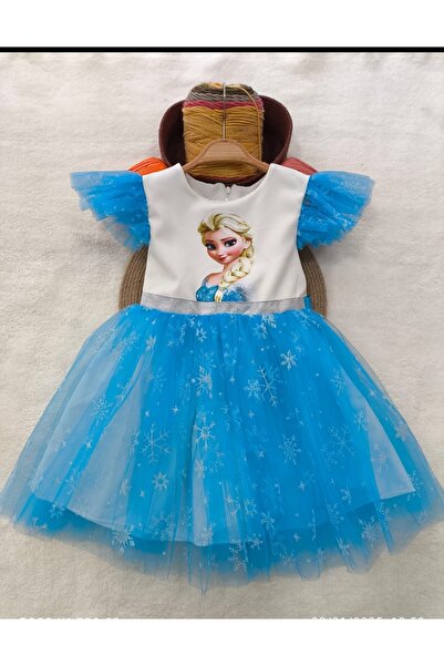 HMZ GOLD Simli Tüllü Baskılı Karlar Ülkesi Elsa Elbise Doğum günü Özel Gün El...