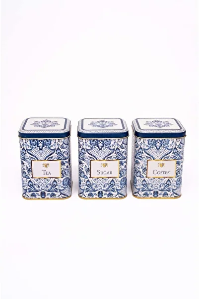 Hesaplı Kasa Lisbon Patterned Set of 3 Square Metal Storage Containers, 8.7 X 8.7 X 12.5 Cm, 1 Lt