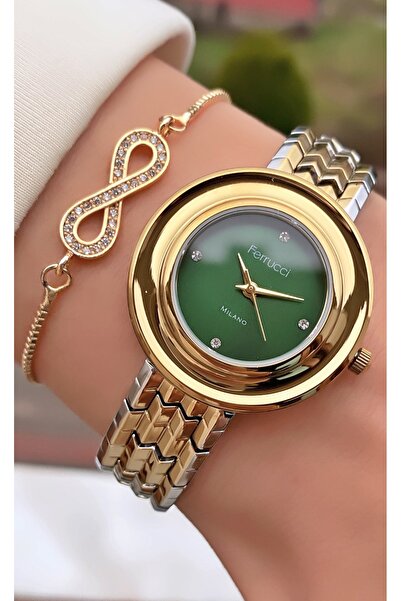 Ferrucci ساعة يد نسائية من العلامة التجارية Ferruci باللون الأصفر والفضي - هدية سوار