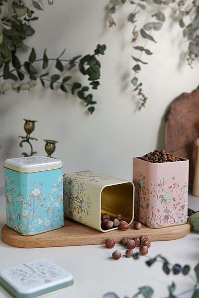 Hesaplı Kasa Flora Motif 3-Bag Metal Storage Set 8.7X8.7X12.5 cm 1 Lt