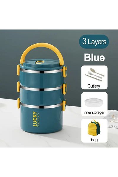 AYB Lucky 3 Layer Blue Stainless Steel Food Container Thermos Carrying Bag and Fork Spoon Set