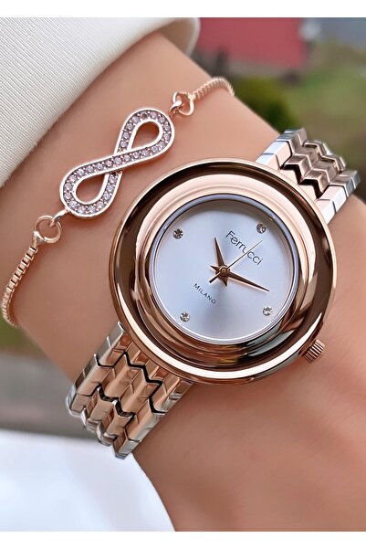 Ferrucci ساعة يد نسائية من ماركة Ferruci باللون الفضي الوردي - هدية سوار