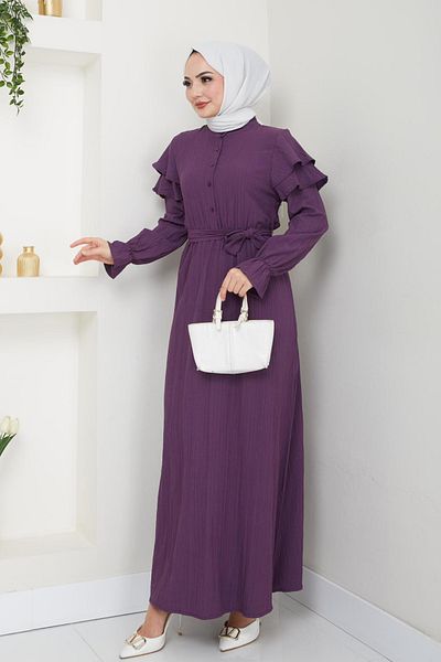 Bold Grup Women's Wrapped Fabric Sleeves Cloak Detailed Prevailing Collar Hijab Dress