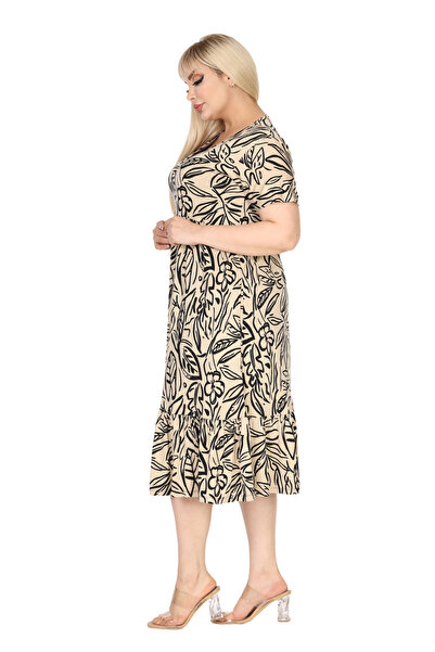 MELSAY Kadın Büyük Beden V yaka Kısa Kol Bej Yaprak Desen Robalı Elbise