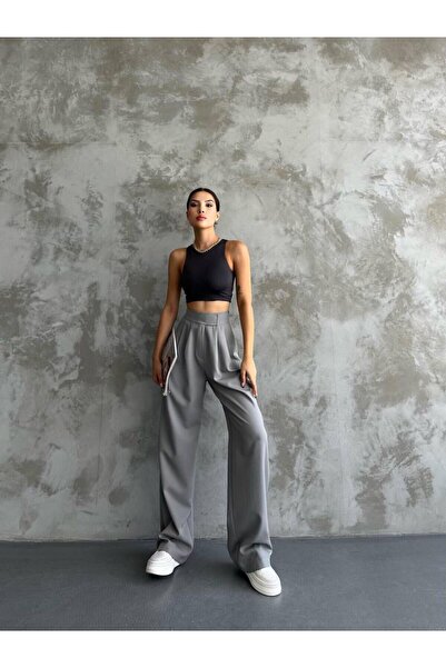 MetuCA Kadın Yüksek Bel Cepli Cırtlı Beli Ispanyol Bol Paça Rahat Kalıp Kumaş Palazzo Pantolon