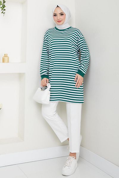 Bold Grup Fashion Neva Γυναικείο Πράσινο Ριγέ Καλοκαιρινό Hijab Μπλουζάκι
