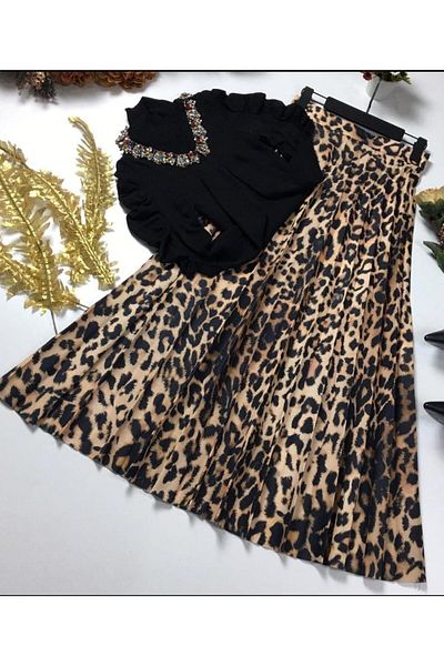 markatrend Fusta plisată cu model leopard cu talie elastică