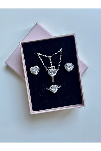 YOUES JEWELRY Valentine's Day Jewelry Set 2 Pieces Necklace, Ring and Earrings Jewelry Set Heart Set with Stones