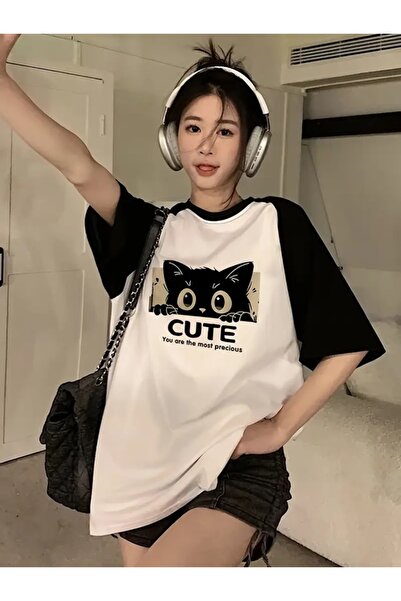 Touz Moda Μπλουζάκι Cute Cat White Raglan Sleeve Oversize