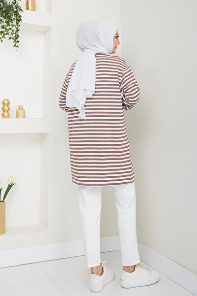 Bold Grup Fashion Neva Γυναικείο Καφέ Καλοκαιρινό Ριγέ Hijab Μπλουζάκι