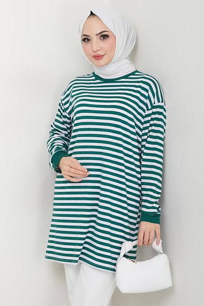 Bold Grup Fashion Neva Γυναικείο Πράσινο Ριγέ Καλοκαιρινό Hijab Μπλουζάκι