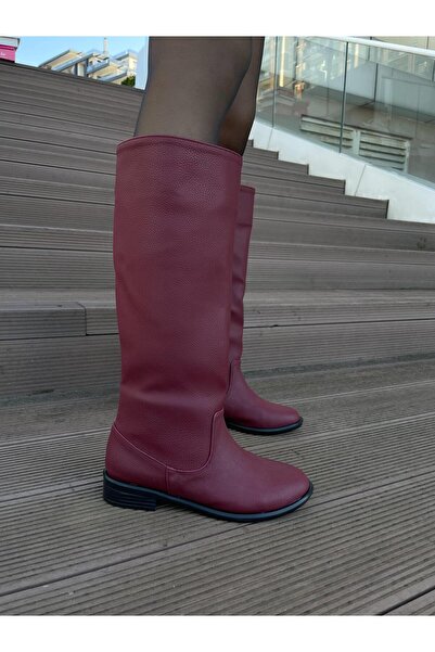 Elvinin Tarzı Alina Fermuarlı Düz Taban Çizme ( Bordo Pütürlü )