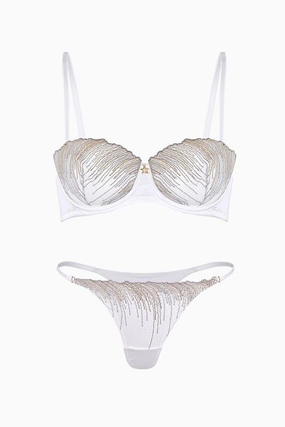 Wonna Glitter Embroidered Tulle Bra & Panty Set - 2584 Model - Ecru Green