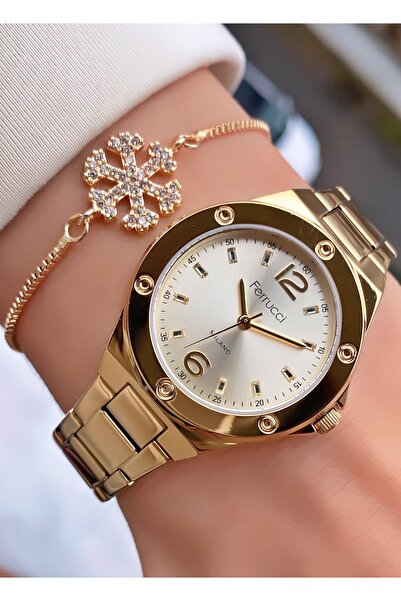 Ferrucci Ferruci Marka Altın Renk Çelik Kordon 2 Yıl Garantili Kadın Kol Saati - Bileklik Hediyeli