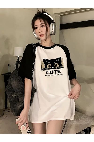 Touz Moda Μπλουζάκι Cute Cat White Raglan Sleeve Oversize