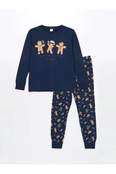 LC Waikiki Lcw Kids Navy Blue Crew Neck Christmas Themed Boys' Pajamas Set