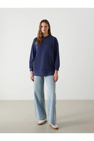 LC Waikiki Lcw Modest Navy Blue Crew Neck Oversize Women's Sweatshirt Tunic