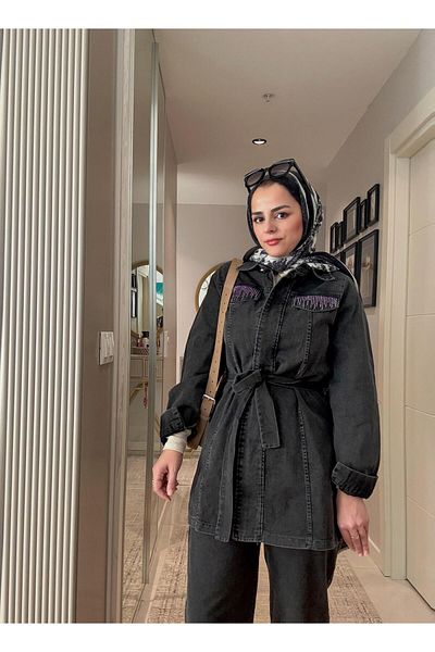 Aselim Hijap Moda Belted Stone Detailed Denim Shirt Double Set Black Women's Hijab Clothing