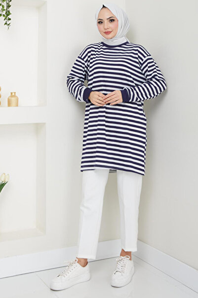 Bold Grup Moda Neva Women's Navy Blue Striped Summer Hijab Tunic