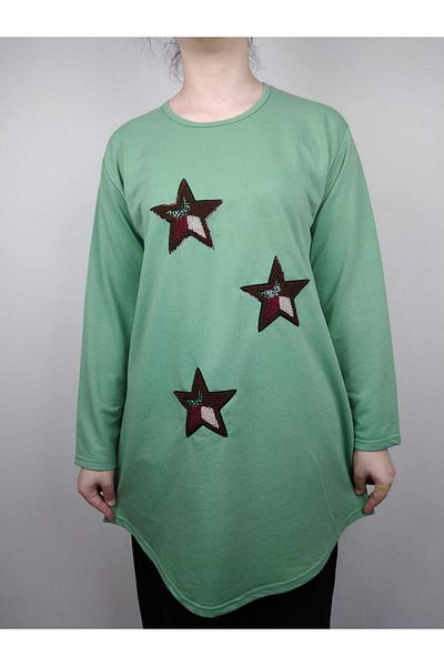 YAŞAR TRİKO Women's Mint Green Crew Neck Long Sleeve Star Embroidered Two Thread Tunic