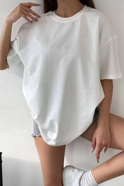 Wish BF Unisex Beyaz Bisiklet Yaka Pamuk Oversize Boyfriend T-shirt