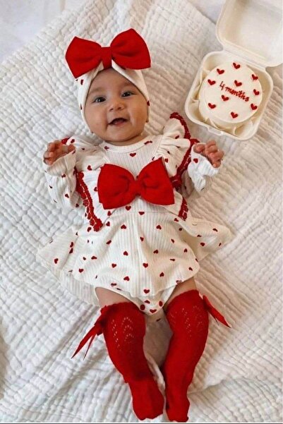 Newborn Baby Red Heart Cotton Newborn Bandana Romper Salopet Baby Girl Mevlüt Set