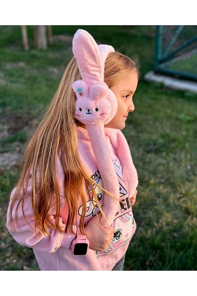 Queen Nelly Pink Cute Plush Rabbit Feather Children's Earphone - Moving Sound Earphone