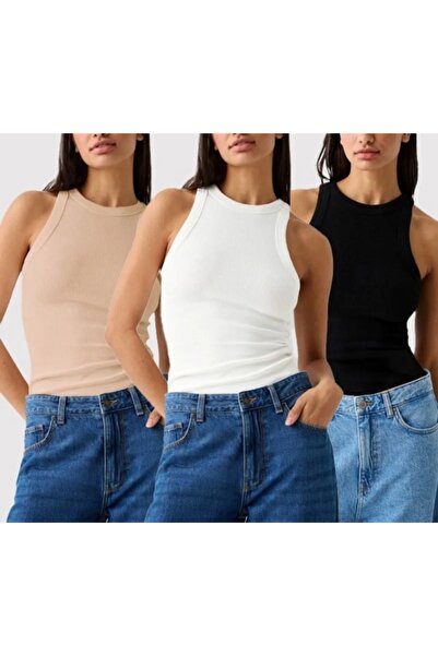 ÖZGE-S MODA 3-Pack Halter Collar Tank Top Black White Beige