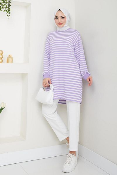 Bold Grup Fashion Neva Women's Purple Striped Summer Hijab Tunic