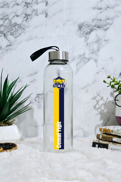 GUPSE Kişiye Özel Sarı Lacivert Boğa Tasarımlı Cam Su Şişesi & Matara Siyah K...