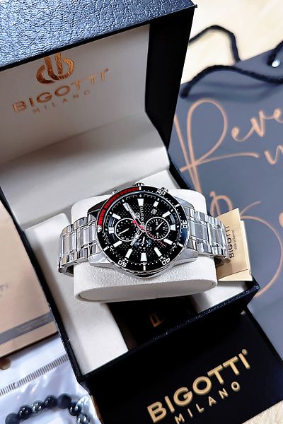 Bigotti 5 Atm Waterproof Men's Wristwatch - Silver Color, Steel Band, Gift Bracelet - Bme2022C5