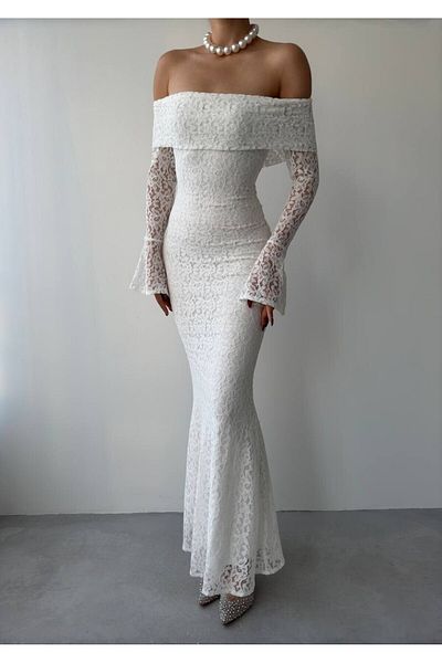 Julidress Αρραβωνιαστικό φόρεμα με λευκό γιακά Madonna με επένδυση από δαντέλα